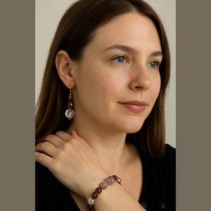 Purple Glass Bead 7 in Stretch Bracelet & 2.25 in Rose Gold Earrings Set